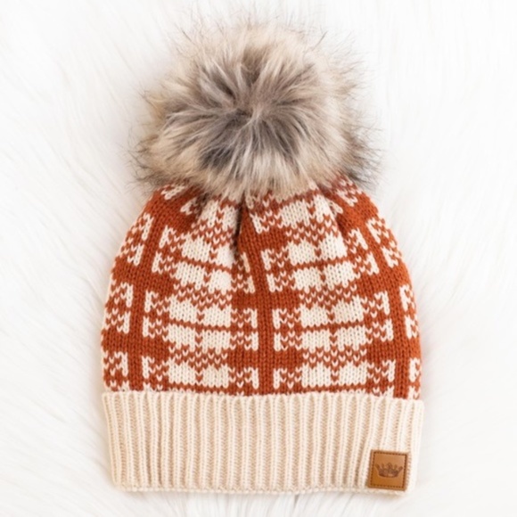 Pumpkin Rust Plaid Knit Faux Fur Pompom Lined Women's Knit Winter Beanie Hat - Picture 3 of 3